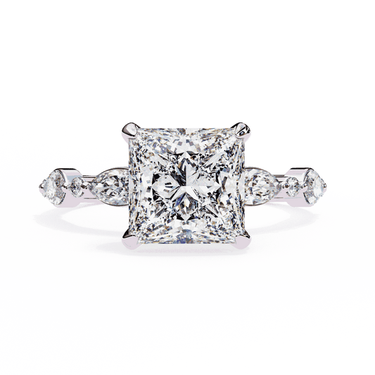 Princess Cut Lab Grown Diamond Hidden Halo Engagement Ring with Alternating Marquise and Round Accents