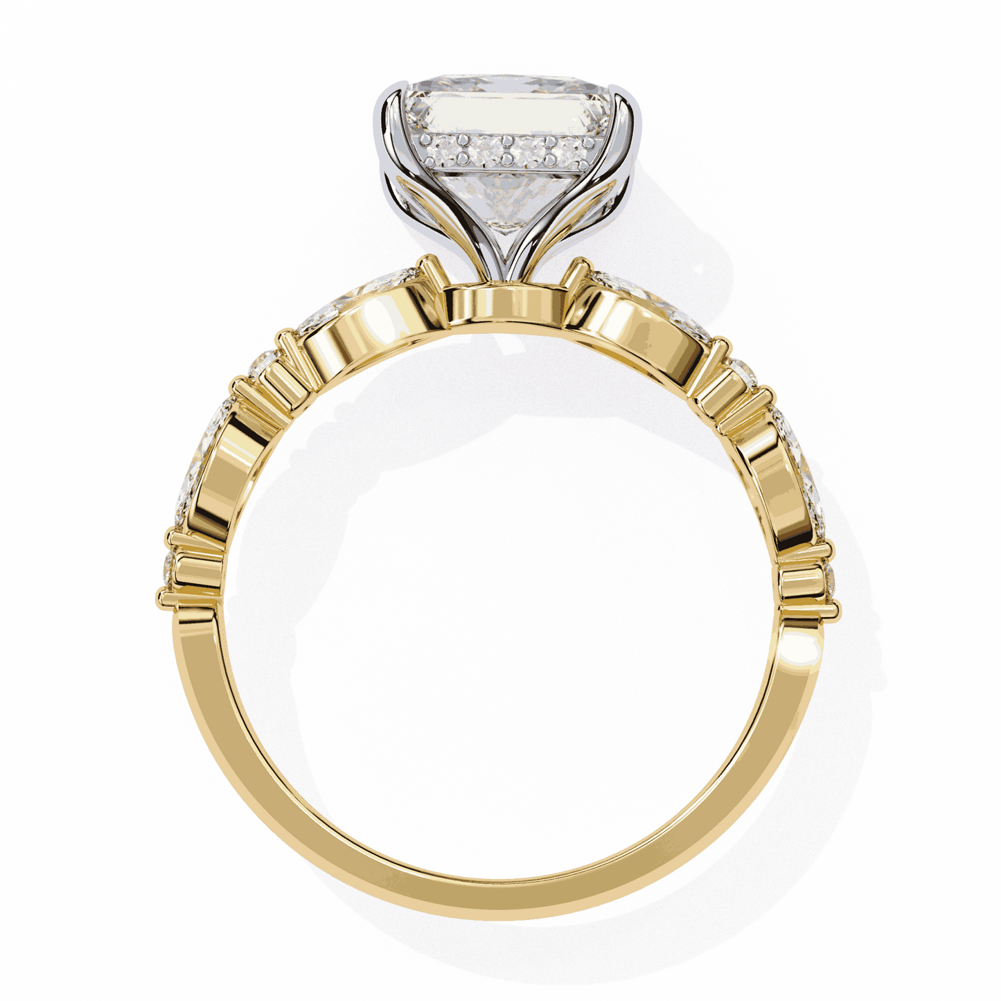 Princess Cut Lab Grown Diamond Hidden Halo Engagement Ring with Alternating Marquise and Round Accents