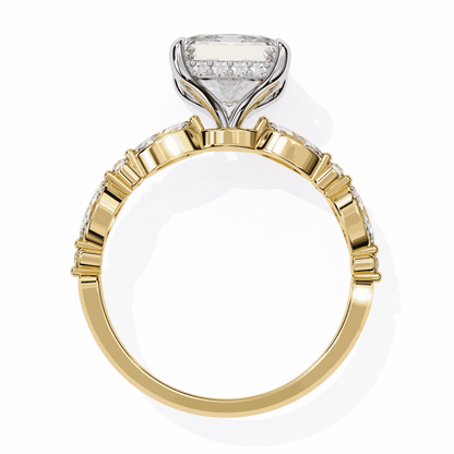 Princess Cut Lab Grown Diamond Hidden Halo Engagement Ring with Alternating Marquise and Round Accents