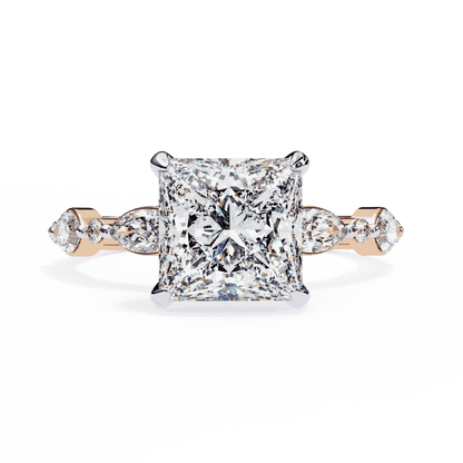 Princess Cut Lab Grown Diamond Hidden Halo Engagement Ring with Alternating Marquise and Round Accents