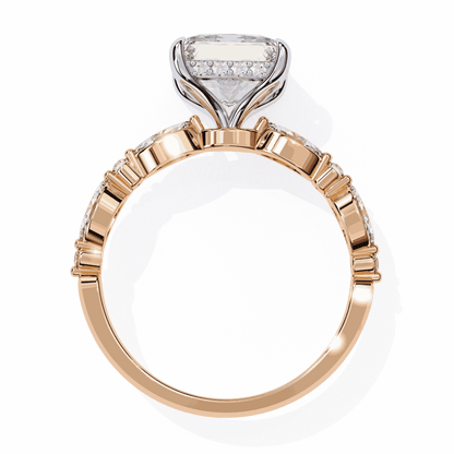 Princess Cut Lab Grown Diamond Hidden Halo Engagement Ring with Alternating Marquise and Round Accents