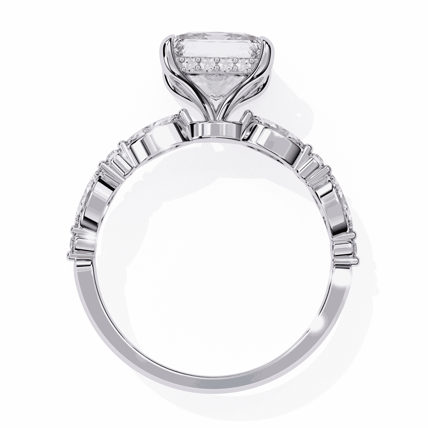 Princess Cut Lab Grown Diamond Hidden Halo Engagement Ring with Alternating Marquise and Round Accents