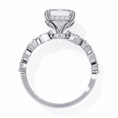 Princess Cut Lab Grown Diamond Hidden Halo Engagement Ring with Alternating Marquise and Round Accents