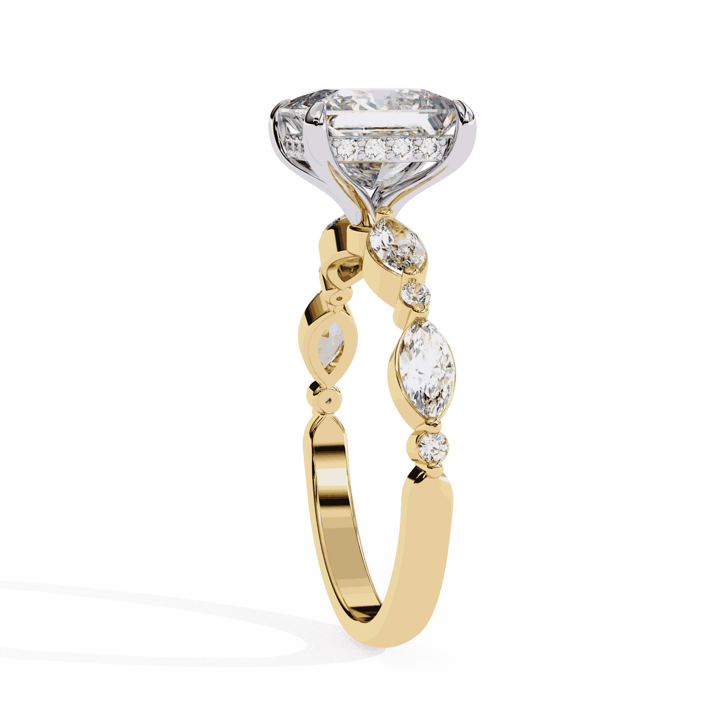 Princess Cut Lab Grown Diamond Hidden Halo Engagement Ring with Alternating Marquise and Round Accents