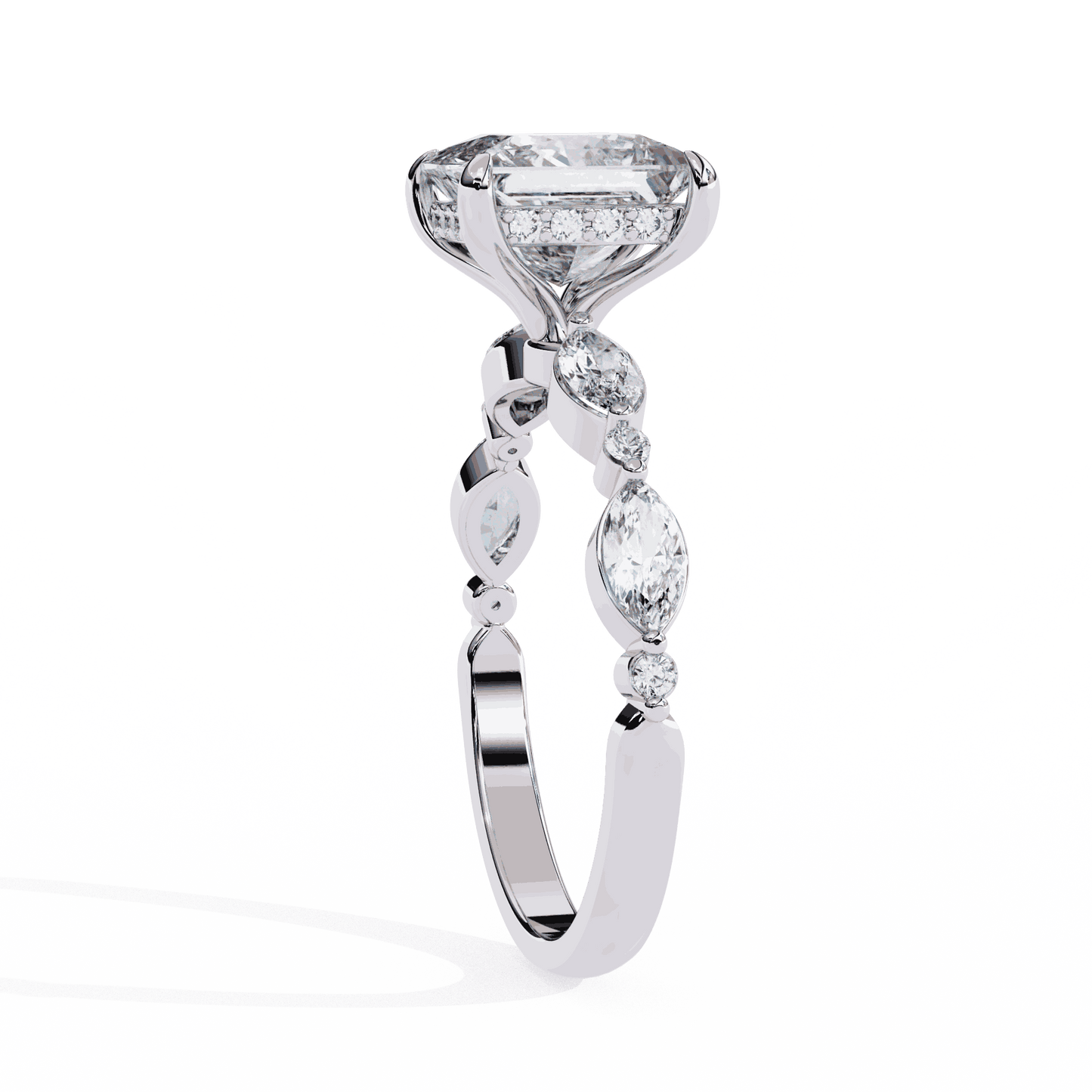Princess Cut Lab Grown Diamond Hidden Halo Engagement Ring with Alternating Marquise and Round Accents