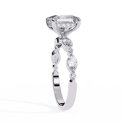 Princess Cut Lab Grown Diamond Hidden Halo Engagement Ring with Alternating Marquise and Round Accents