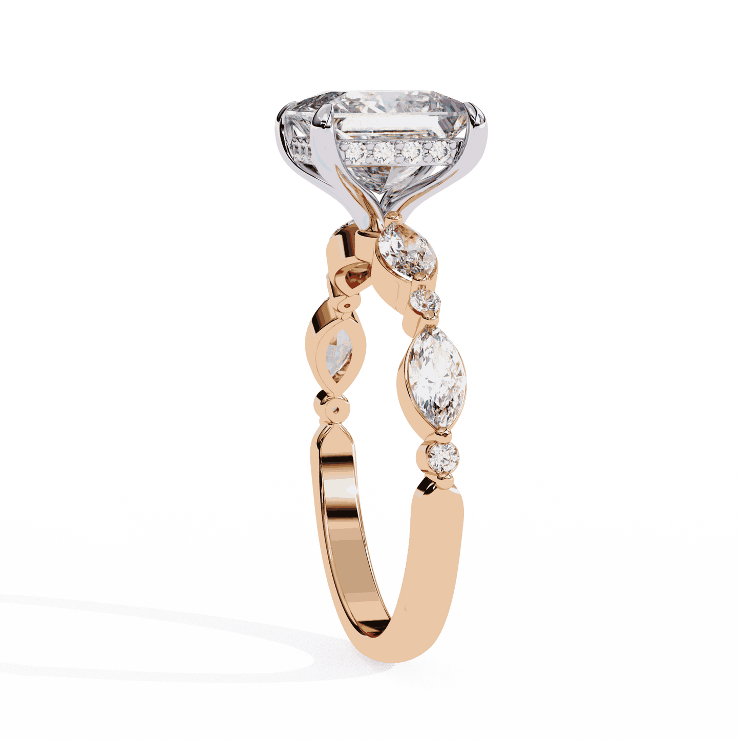 Princess Cut Lab Grown Diamond Hidden Halo Engagement Ring with Alternating Marquise and Round Accents