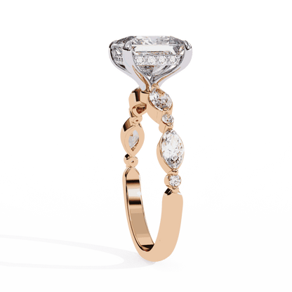 Princess Cut Lab Grown Diamond Hidden Halo Engagement Ring with Alternating Marquise and Round Accents