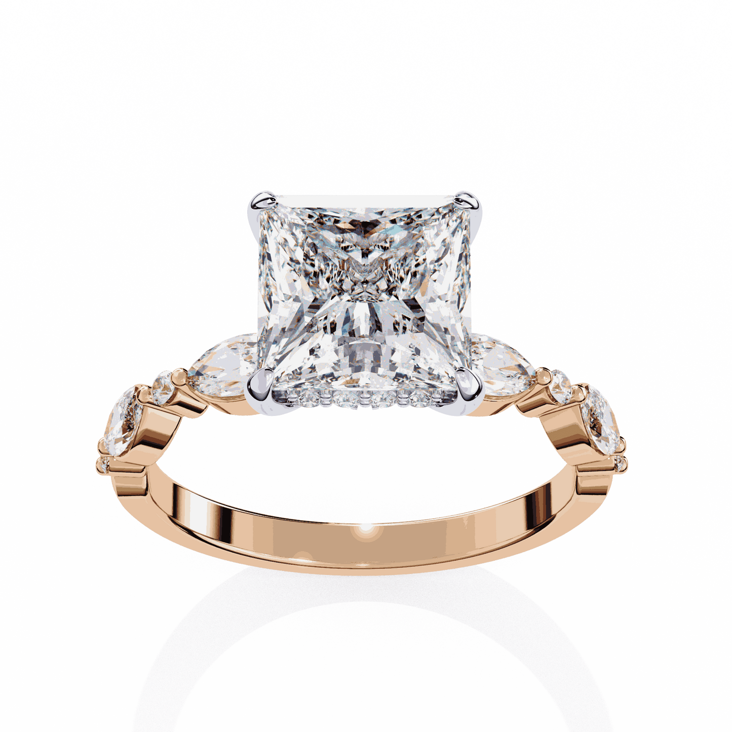 Princess Cut Lab Grown Diamond Hidden Halo Engagement Ring with Alternating Marquise and Round Accents