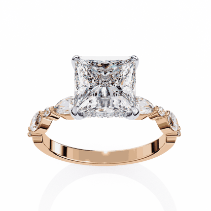 Princess Cut Lab Grown Diamond Hidden Halo Engagement Ring with Alternating Marquise and Round Accents