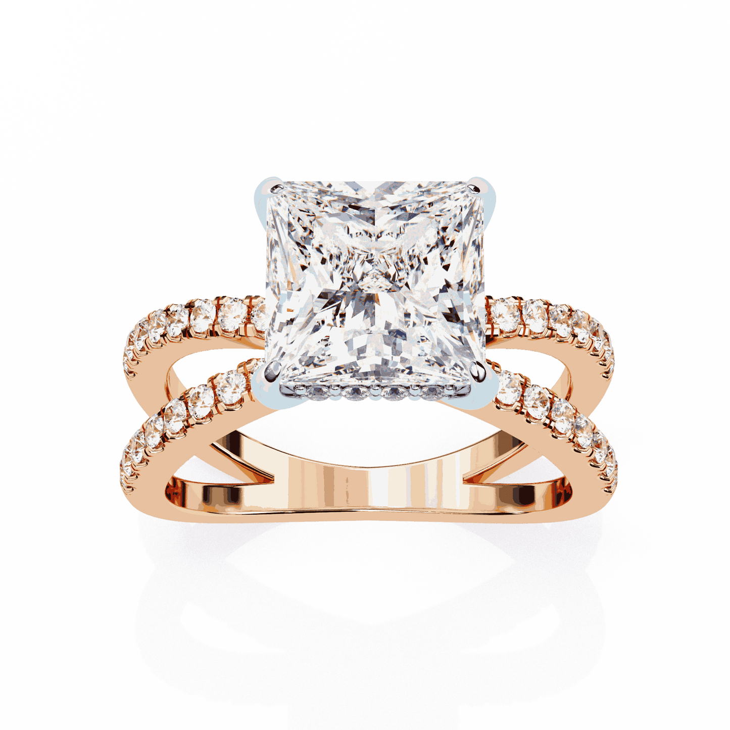 Princess Cut Lab Grown Diamond Hidden Halo Engagement Ring with Pavé X Crossover Band