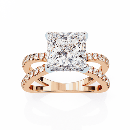 Princess Cut Lab Grown Diamond Hidden Halo Engagement Ring with Pavé X Crossover Band
