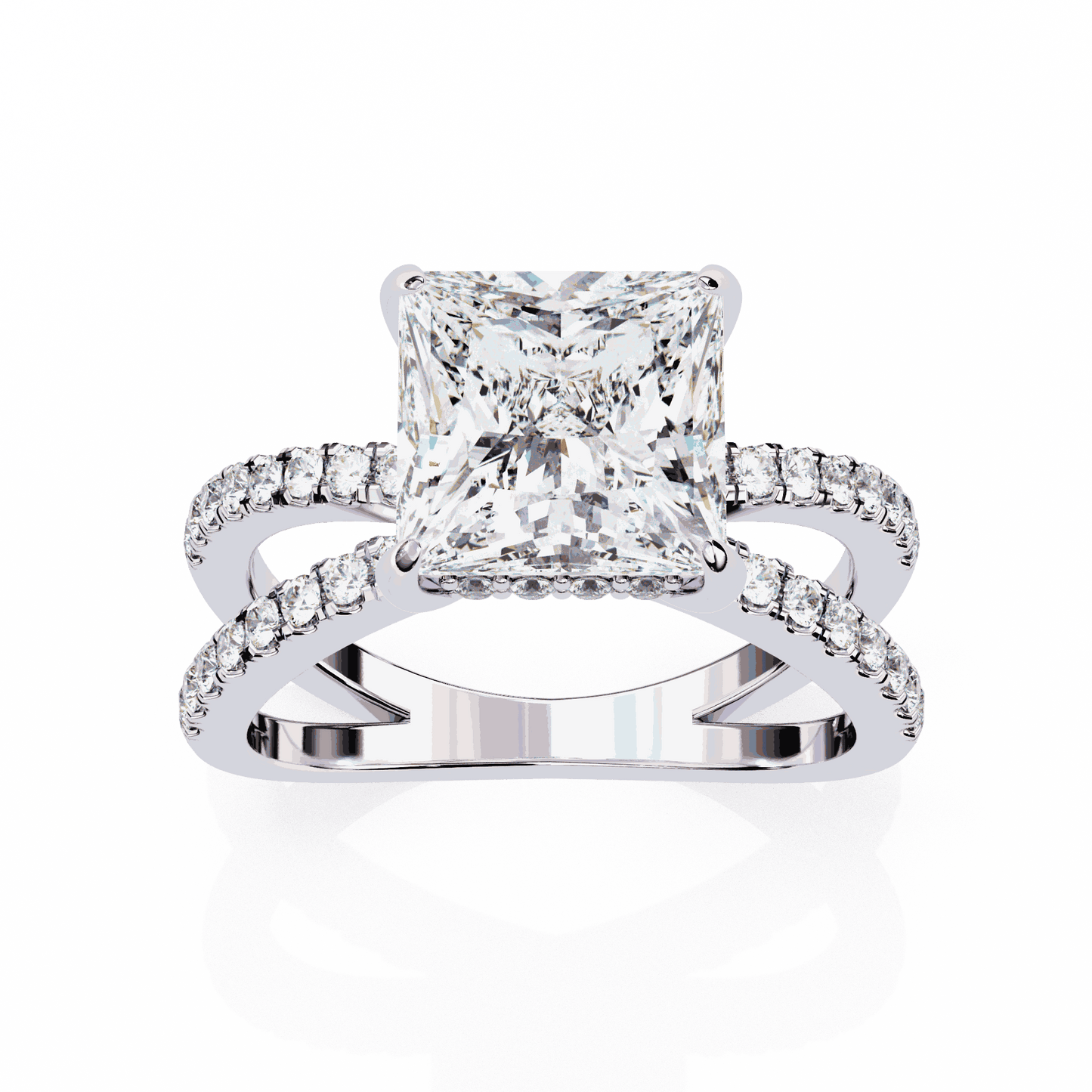 Princess Cut Lab Grown Diamond Hidden Halo Engagement Ring with Pavé X Crossover Band