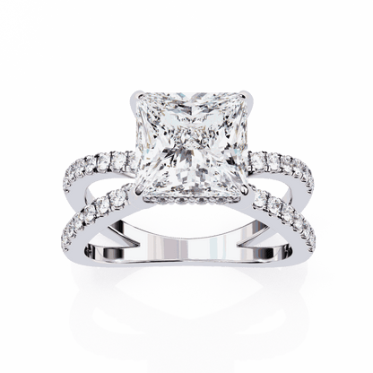 Princess Cut Lab Grown Diamond Hidden Halo Engagement Ring with Pavé X Crossover Band