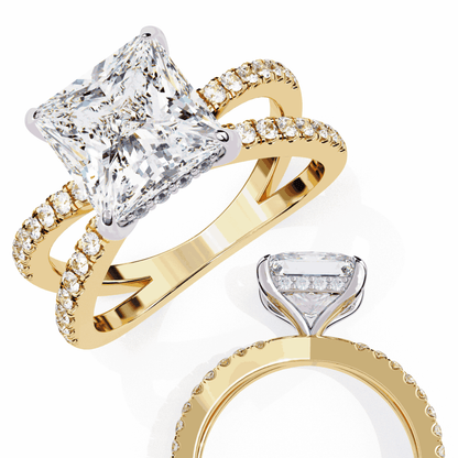 Princess Cut Lab Grown Diamond Hidden Halo Engagement Ring with Pavé X Crossover Band