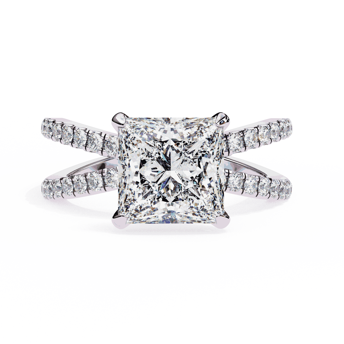Princess Cut Lab Grown Diamond Hidden Halo Engagement Ring with Pavé X Crossover Band
