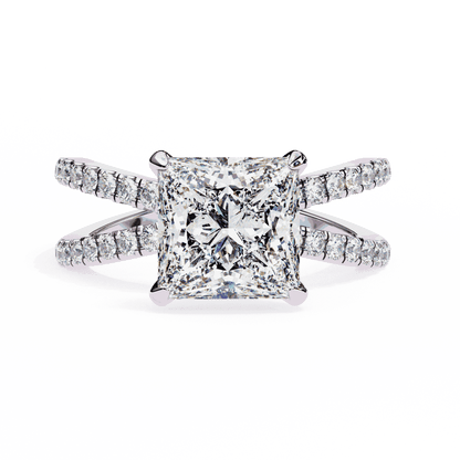 Princess Cut Lab Grown Diamond Hidden Halo Engagement Ring with Pavé X Crossover Band