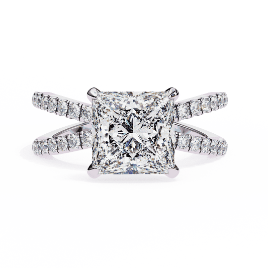 Princess Cut Lab Grown Diamond Hidden Halo Engagement Ring with Pavé X Crossover Band