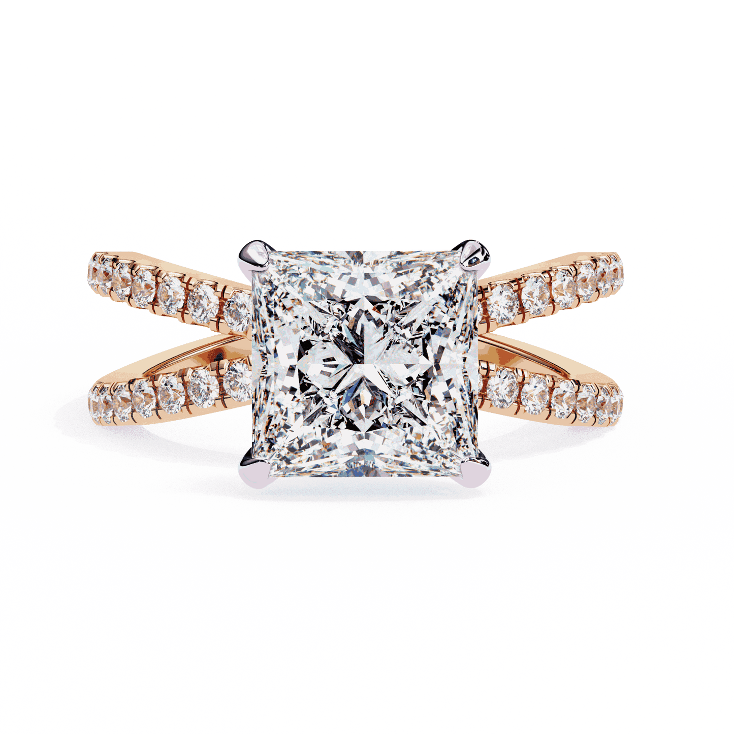 Princess Cut Lab Grown Diamond Hidden Halo Engagement Ring with Pavé X Crossover Band