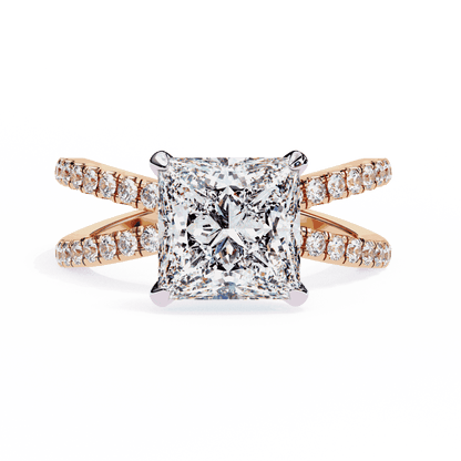 Princess Cut Lab Grown Diamond Hidden Halo Engagement Ring with Pavé X Crossover Band