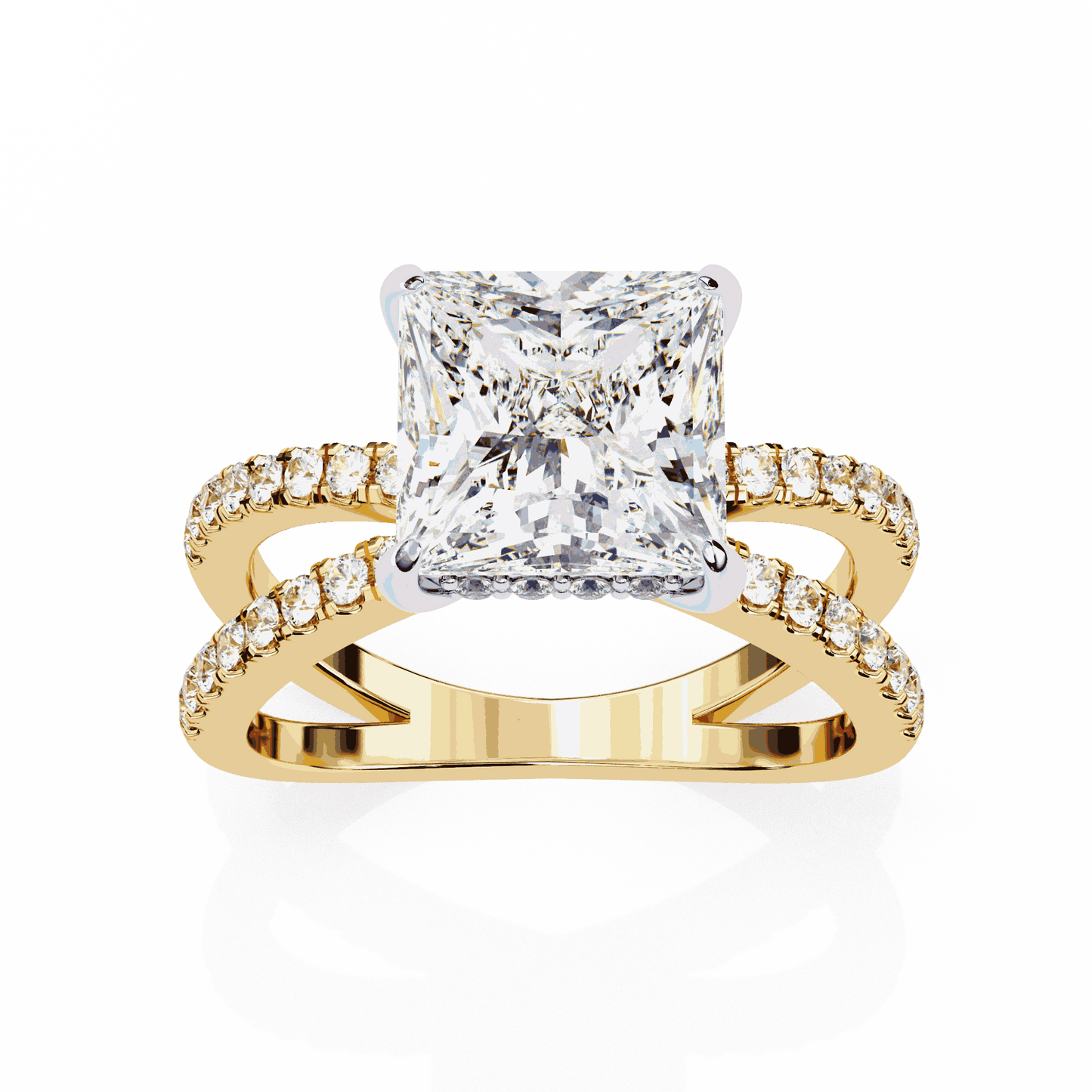 Princess Cut Lab Grown Diamond Hidden Halo Engagement Ring with Pavé X Crossover Band