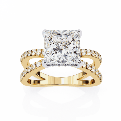 Princess Cut Lab Grown Diamond Hidden Halo Engagement Ring with Pavé X Crossover Band