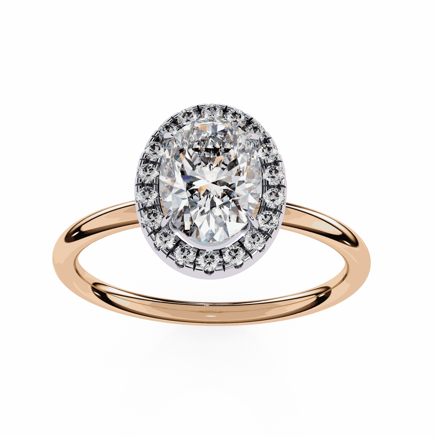 Oval Cut Lab Grown Diamond Halo Engagement Ring with Plain Band and Four-Prong Setting