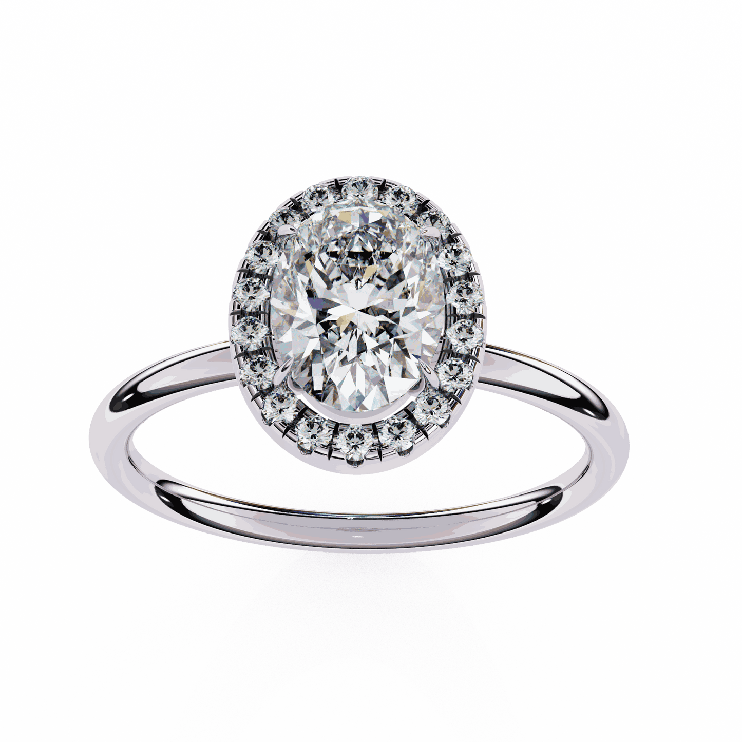 Oval Cut Lab Grown Diamond Halo Engagement Ring with Plain Band and Four-Prong Setting