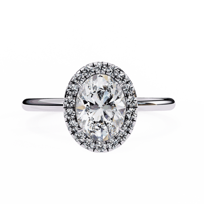 Oval Cut Lab Grown Diamond Halo Engagement Ring with Plain Band and Four-Prong Setting
