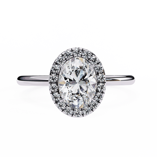 Oval Cut Lab Grown Diamond Halo Engagement Ring with Plain Band and Four-Prong Setting