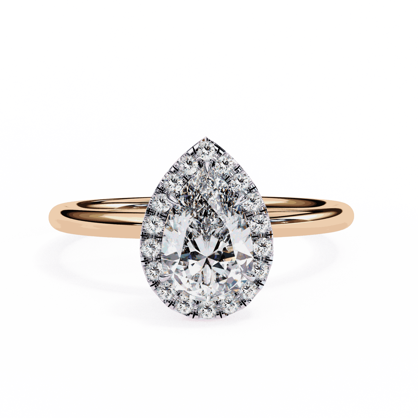 Pear Cut Lab Grown Diamond Halo Engagement Ring with Plain Band and Teardrop V-Prong Setting