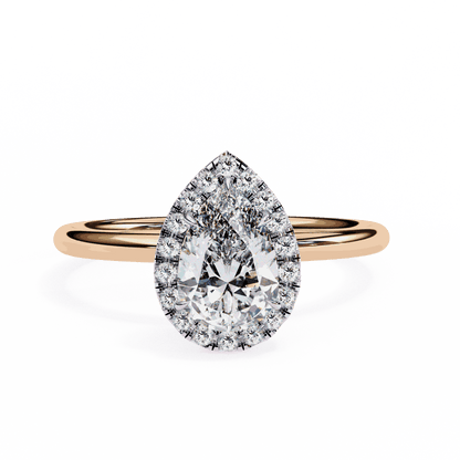Pear Cut Lab Grown Diamond Halo Engagement Ring with Plain Band and Teardrop V-Prong Setting