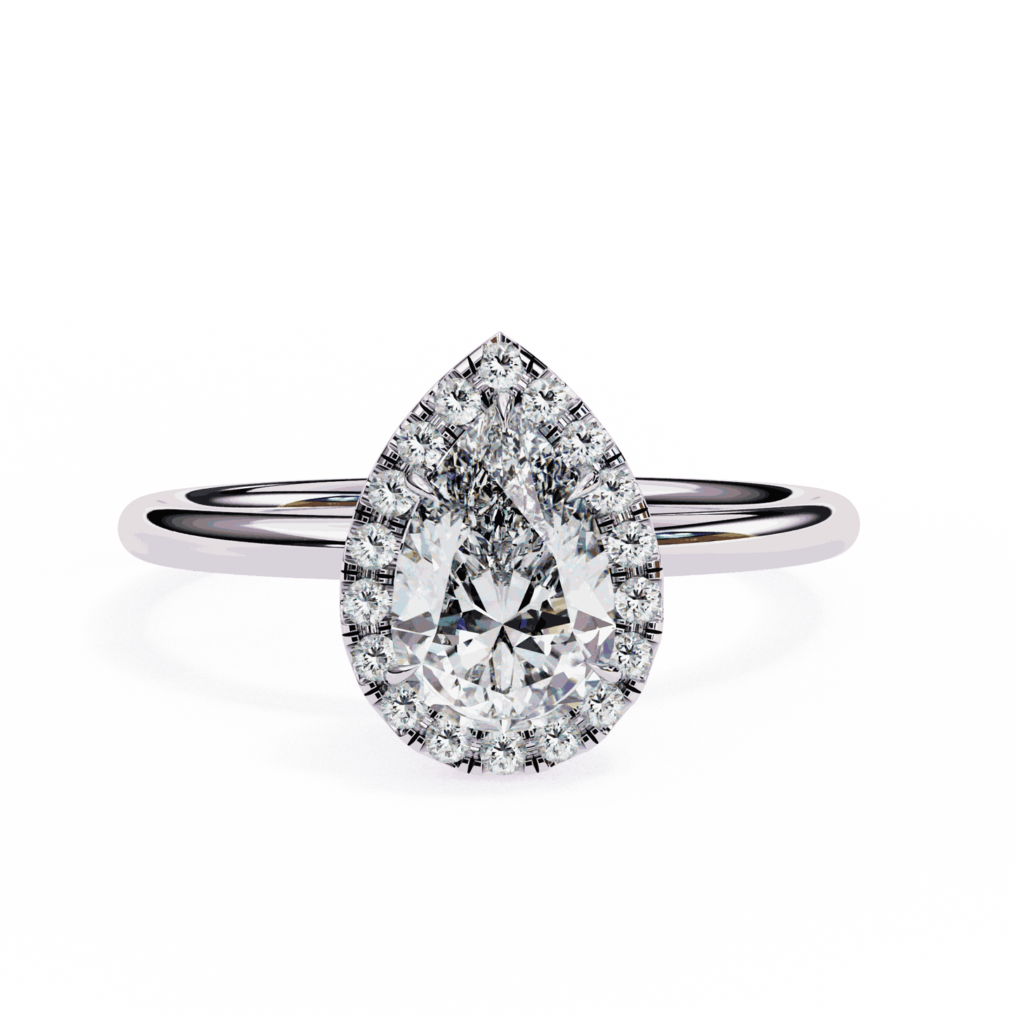 Pear Cut Lab Grown Diamond Halo Engagement Ring with Plain Band and Teardrop V-Prong Setting