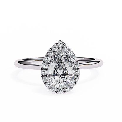 Pear Cut Lab Grown Diamond Halo Engagement Ring with Plain Band and Teardrop V-Prong Setting