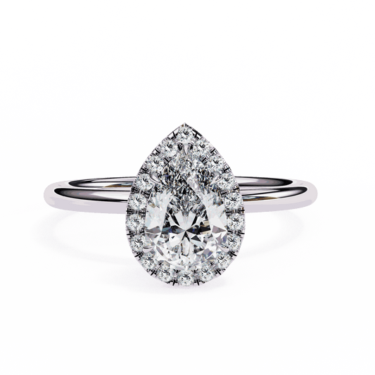 Pear Cut Lab Grown Diamond Halo Engagement Ring with Plain Band and Teardrop V-Prong Setting
