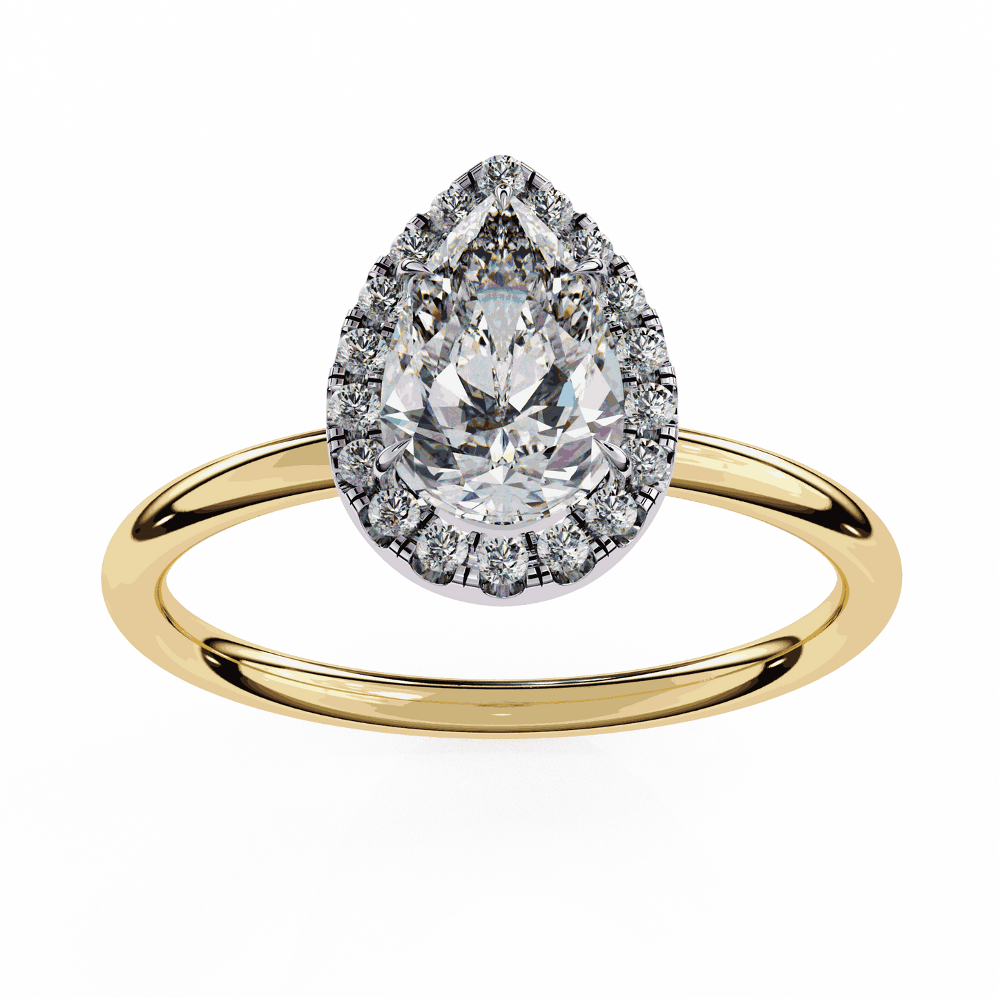 Pear Cut Lab Grown Diamond Halo Engagement Ring with Plain Band and Teardrop V-Prong Setting