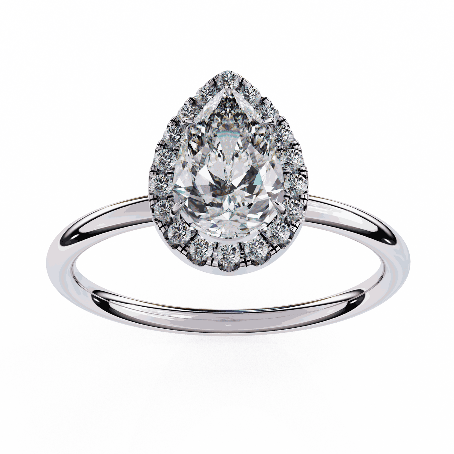 Pear Cut Lab Grown Diamond Halo Engagement Ring with Plain Band and Teardrop V-Prong Setting