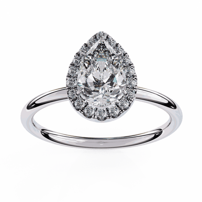 Pear Cut Lab Grown Diamond Halo Engagement Ring with Plain Band and Teardrop V-Prong Setting