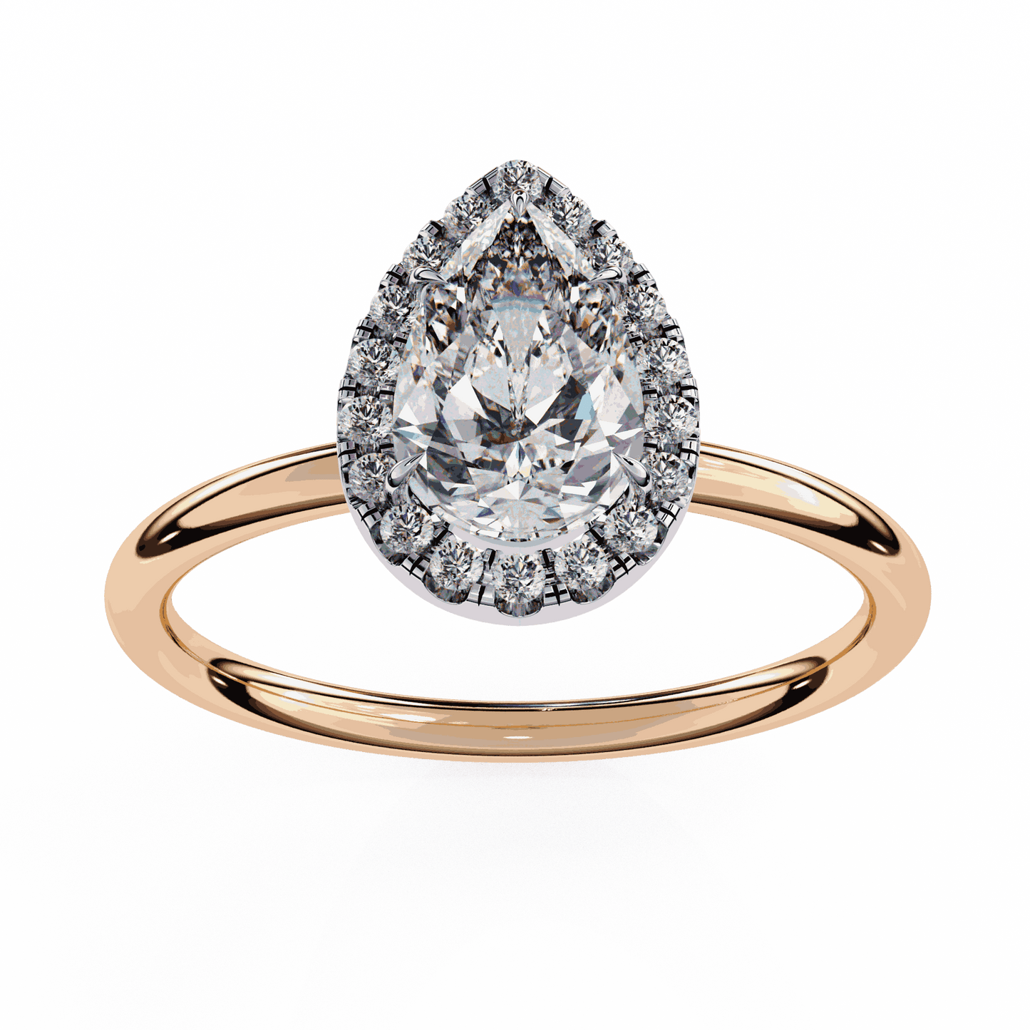 Pear Cut Lab Grown Diamond Halo Engagement Ring with Plain Band and Teardrop V-Prong Setting