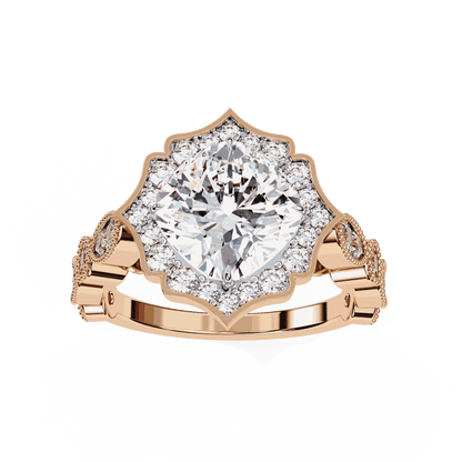Cushion Cut Lab Grown Diamond Halo Engagement Ring with Vintage Scalloped Lotus Halo