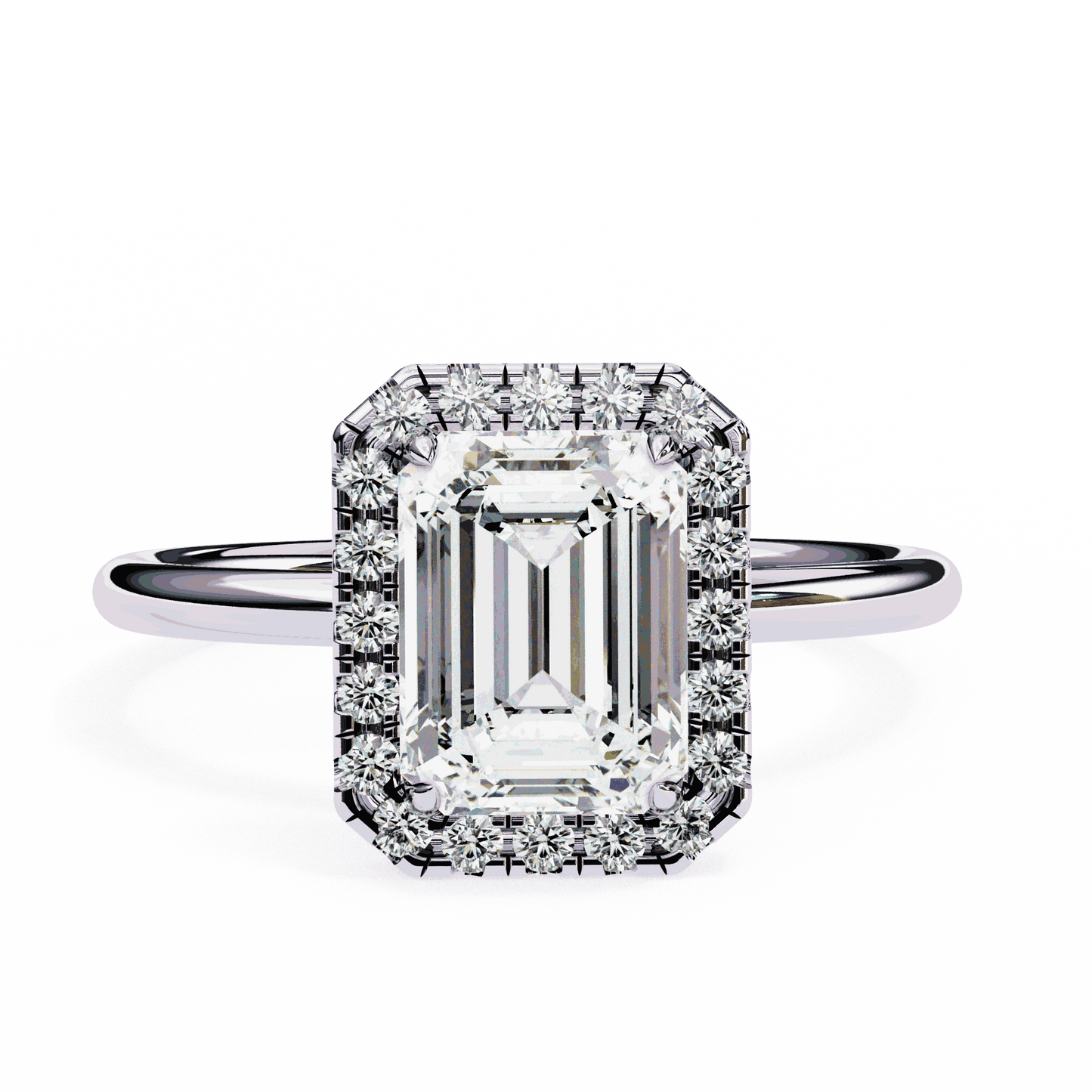 Emerald Cut Lab Grown Diamond Halo Engagement Ring with Plain Band and Four-Prong Setting