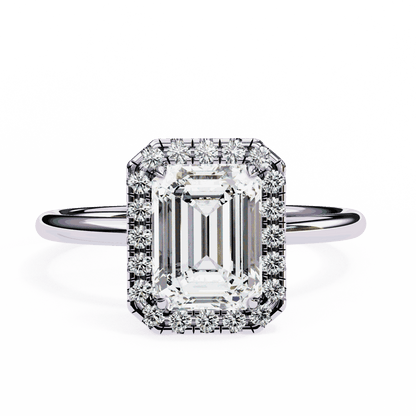 Emerald Cut Lab Grown Diamond Halo Engagement Ring with Plain Band and Four-Prong Setting
