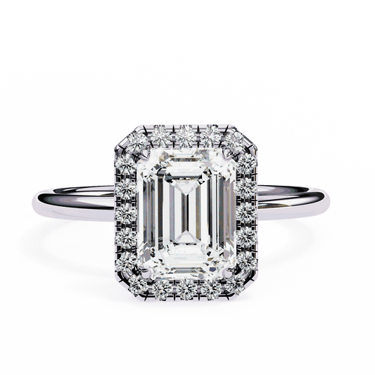 Emerald Cut Lab Grown Diamond Halo Engagement Ring with Plain Band and Four-Prong Setting