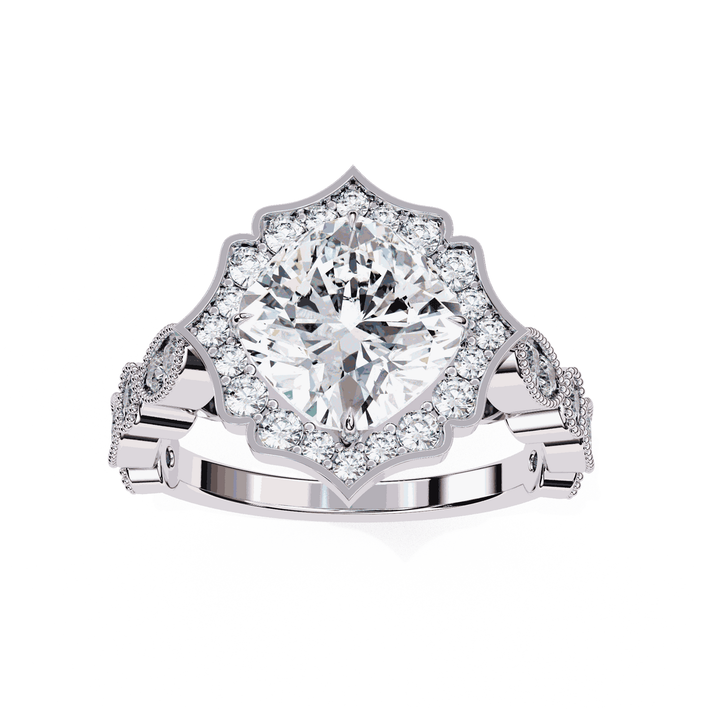 Cushion Cut Lab Grown Diamond Halo Engagement Ring with Vintage Scalloped Lotus Halo