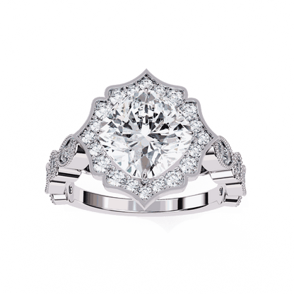 Cushion Cut Lab Grown Diamond Halo Engagement Ring with Vintage Scalloped Lotus Halo