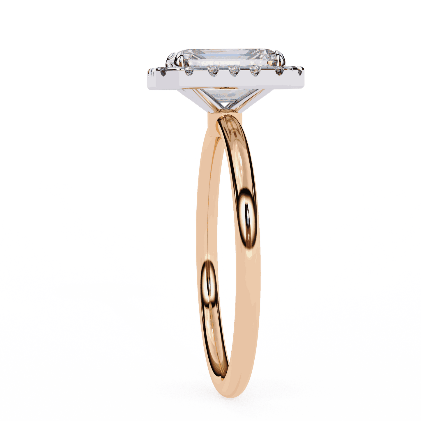 Emerald Cut Lab Grown Diamond Halo Engagement Ring with Plain Band and Four-Prong Setting