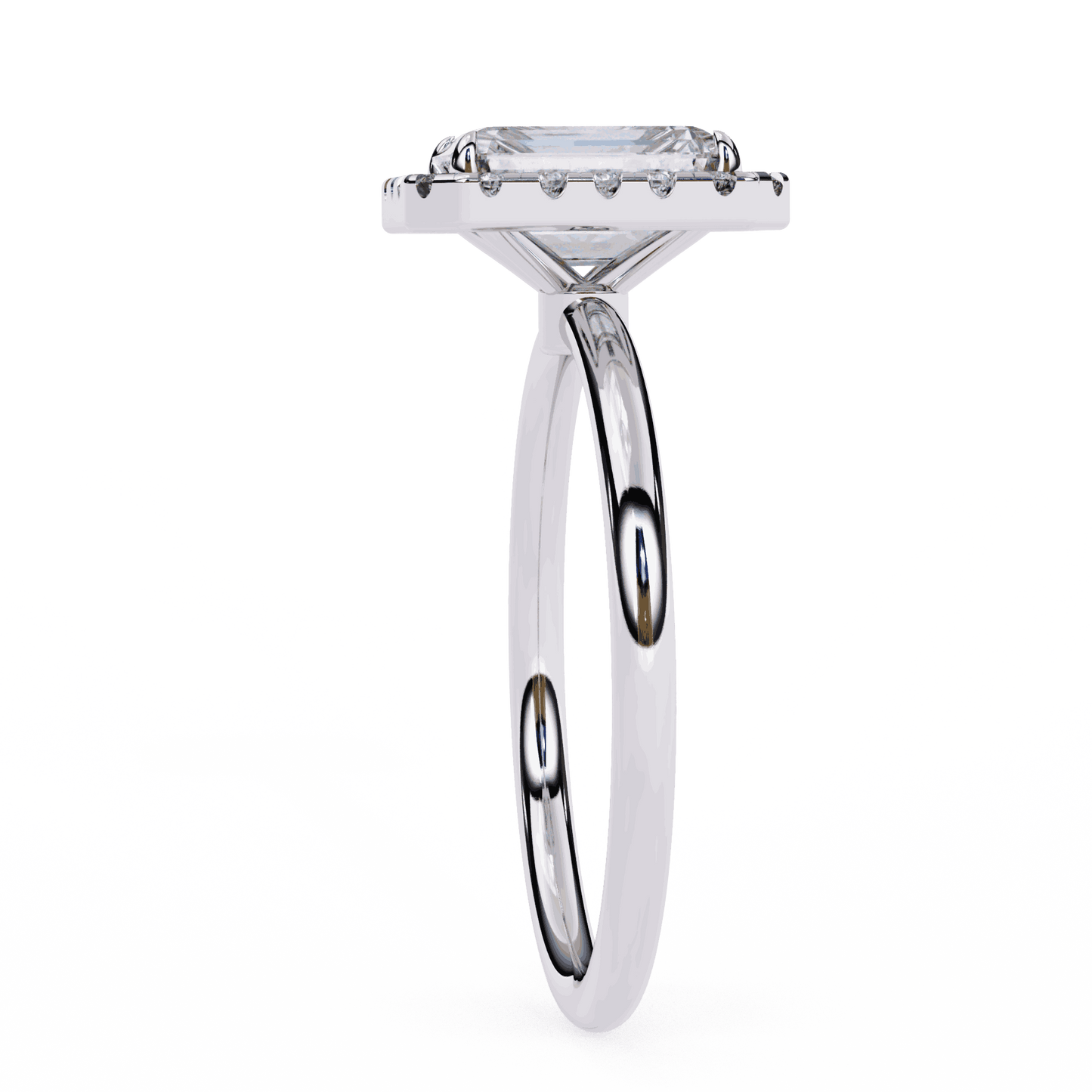 Emerald Cut Lab Grown Diamond Halo Engagement Ring with Plain Band and Four-Prong Setting
