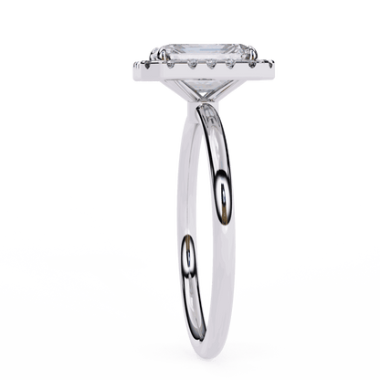 Emerald Cut Lab Grown Diamond Halo Engagement Ring with Plain Band and Four-Prong Setting