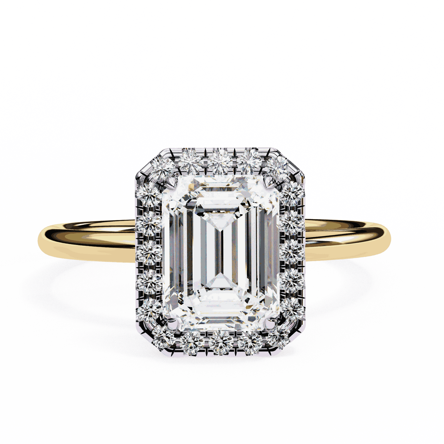Emerald Cut Lab Grown Diamond Halo Engagement Ring with Plain Band and Four-Prong Setting