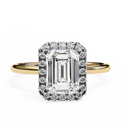 Emerald Cut Lab Grown Diamond Halo Engagement Ring with Plain Band and Four-Prong Setting